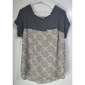KNOX ROSE Women's SZ LG Short Sleeve Geometric Print Blouse Cream Gray